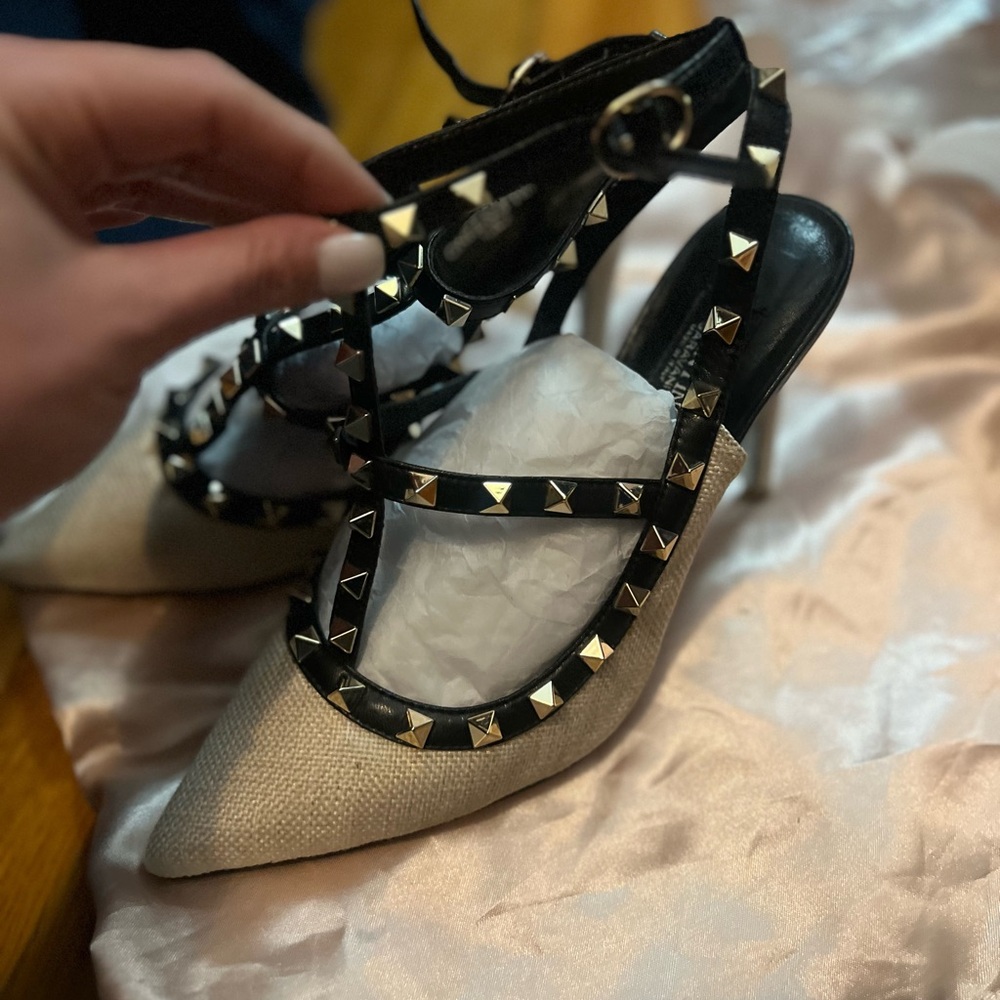 Valentino Rockstud Black and Raffia Women's Heels Size 37
